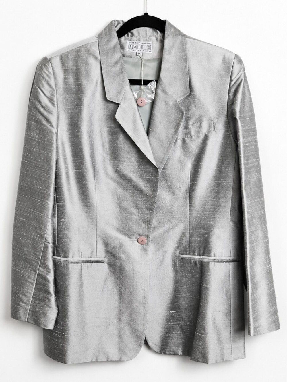 VTG Saks Fifth Avenue Folio 100% Raw Silk Silver Metallic Blazer Jacket Size 14